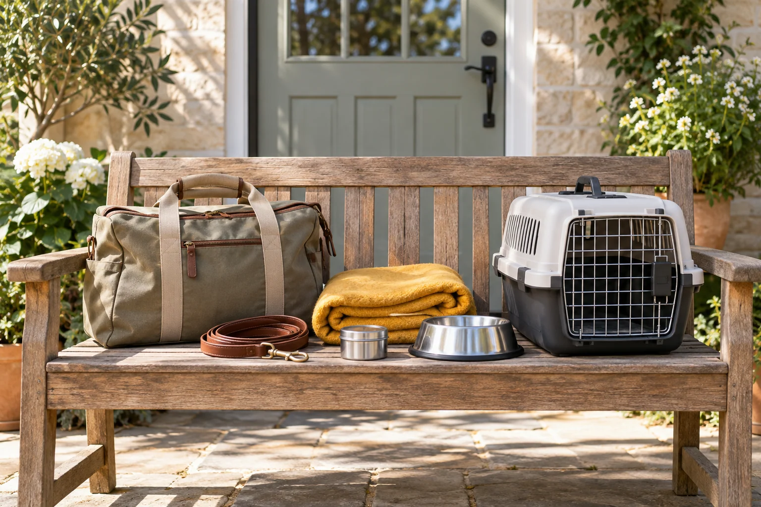 A canvas ride bag, coiled lead, plain mustard blanket, treat tin, water bowl and closed carrier on a wooden bench