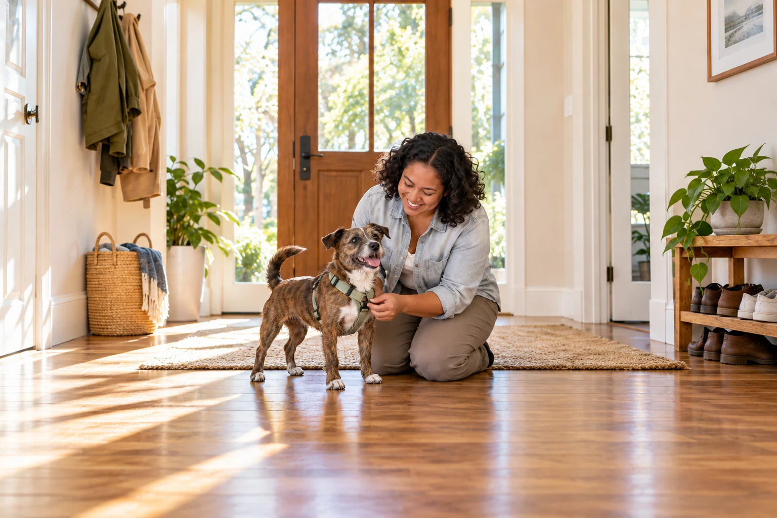 An owner fitting a harness onto a small brindle terrier in a sunny hallway