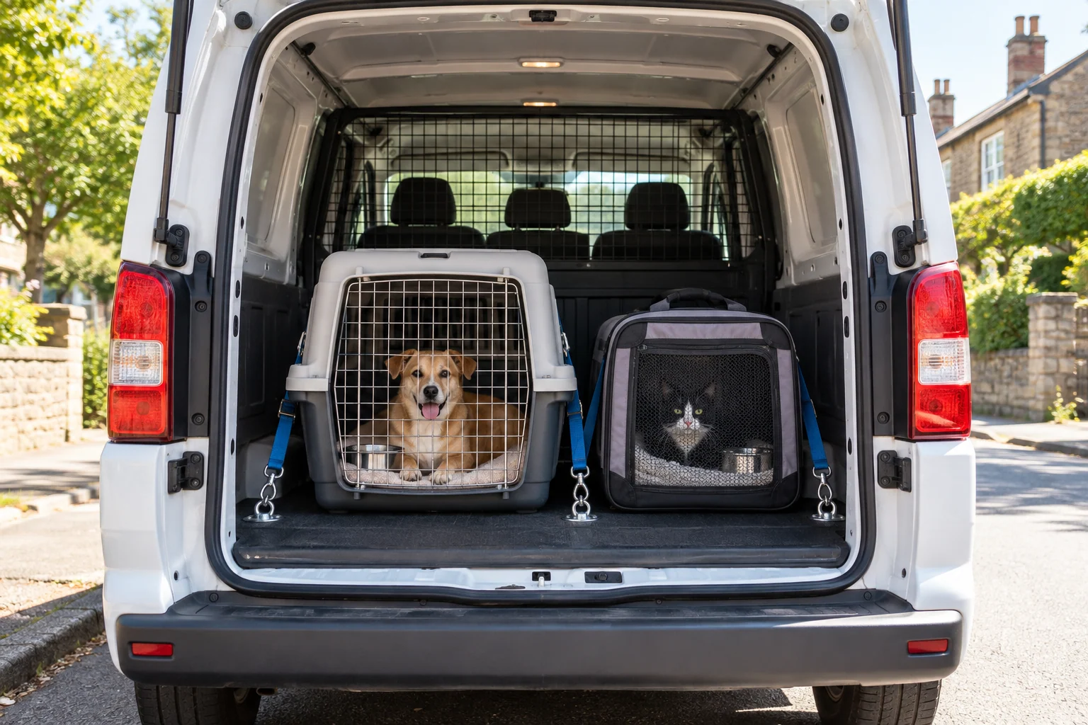 A tan dog resting in a secured closed crate beside a tuxedo cat in a strapped closed carrier inside a white van