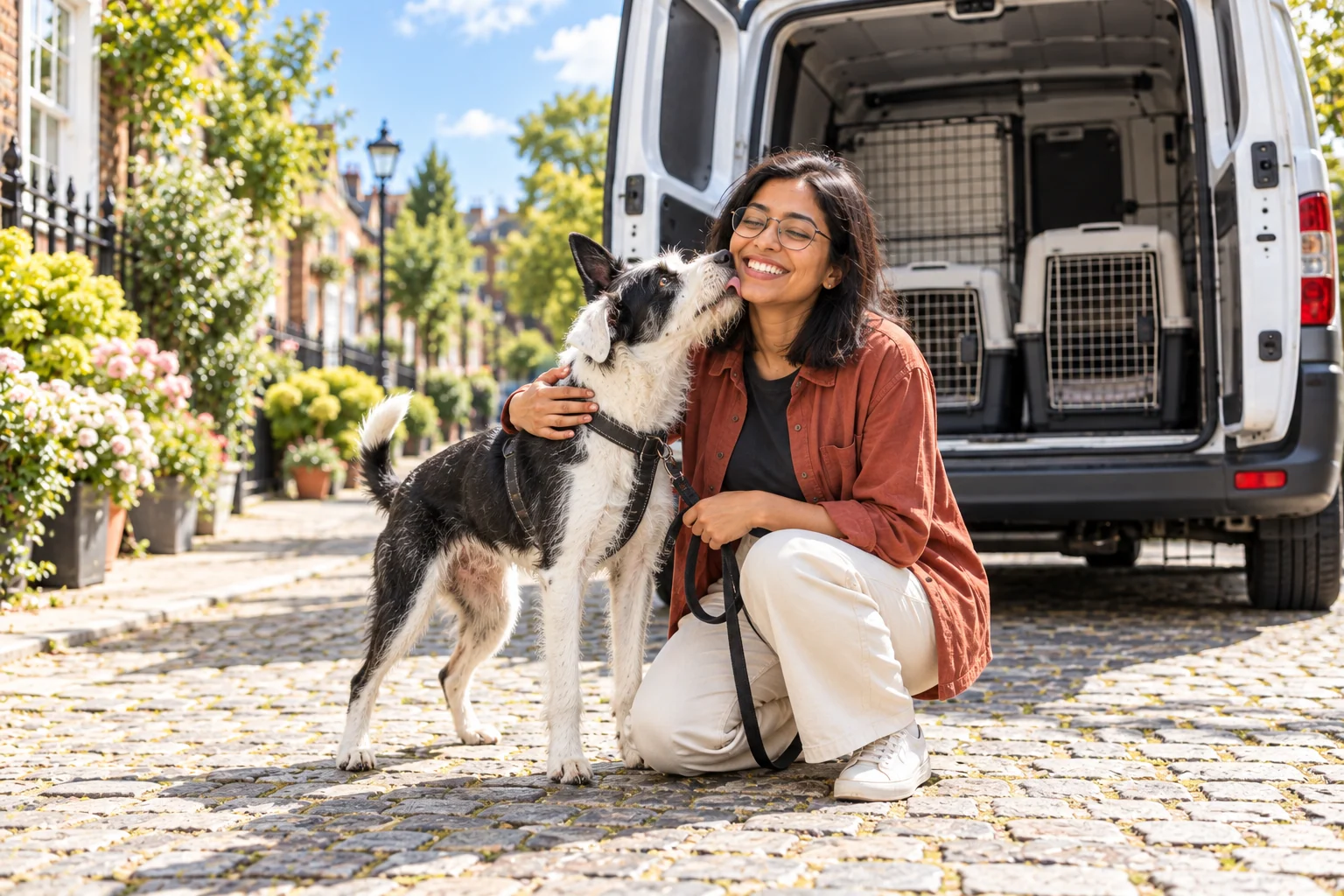 A driver kneeling beside a black-and-white dog in a harness and lead at the open back of a white van