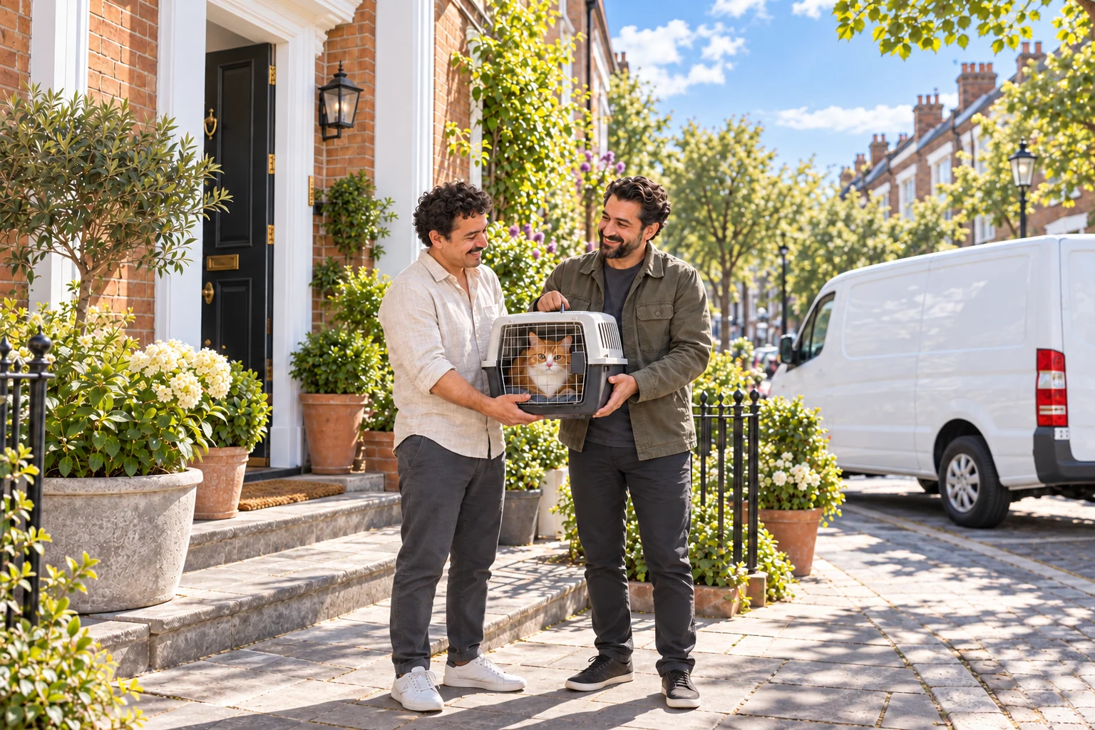An owner handing a closed carrier with a ginger-and-white cat to a driver on a sunny porch