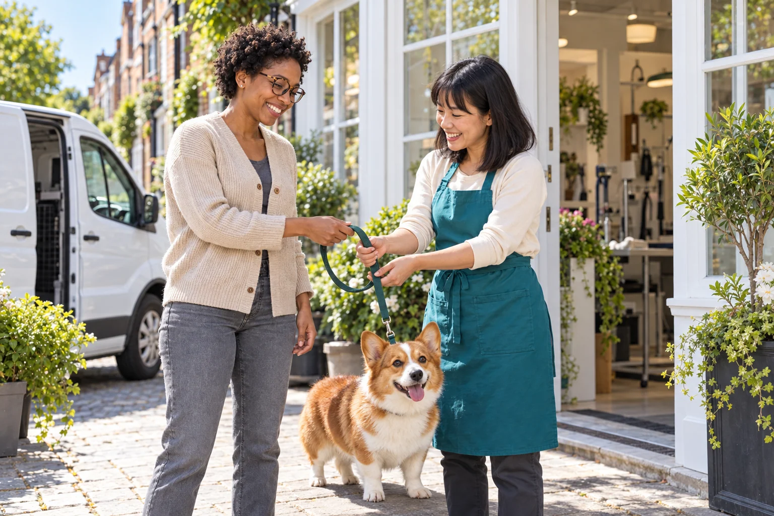 A driver passing a corgi’s lead to a groomer in a teal apron outside a salon entrance