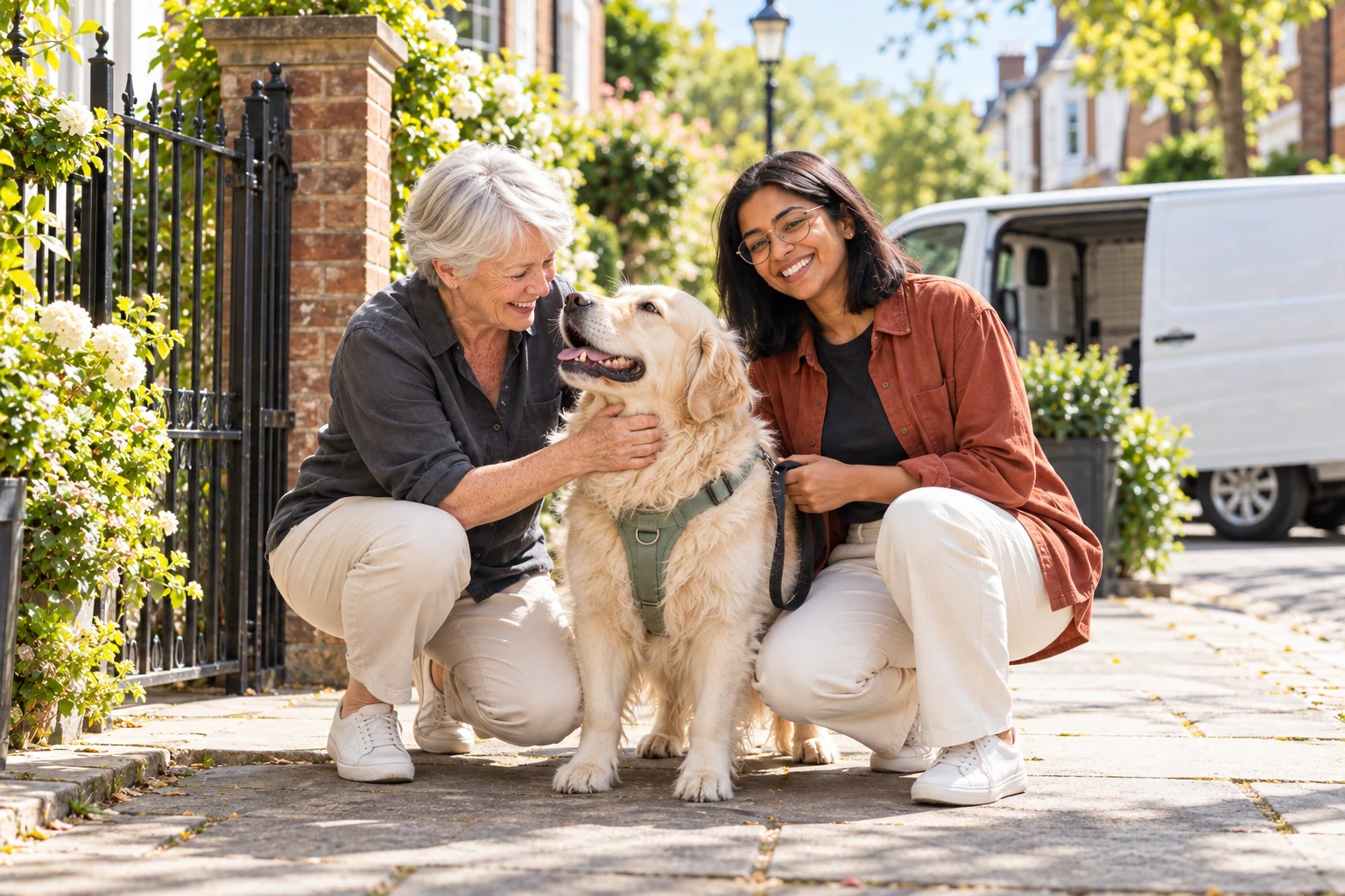 An older owner crouching to welcome her cream retriever while a driver holds its lead at a garden gate