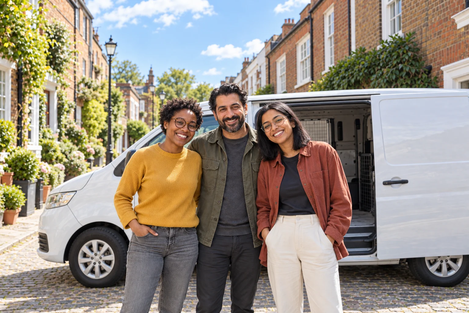 Three drivers in muted mustard, olive and rust everyday clothes beside a plain white van on a sunny brick-lined mews