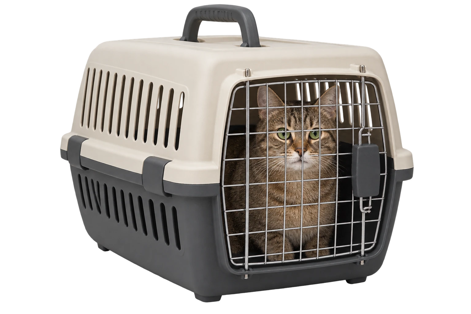 A tabby cat looking out of a grey and cream travel carrier