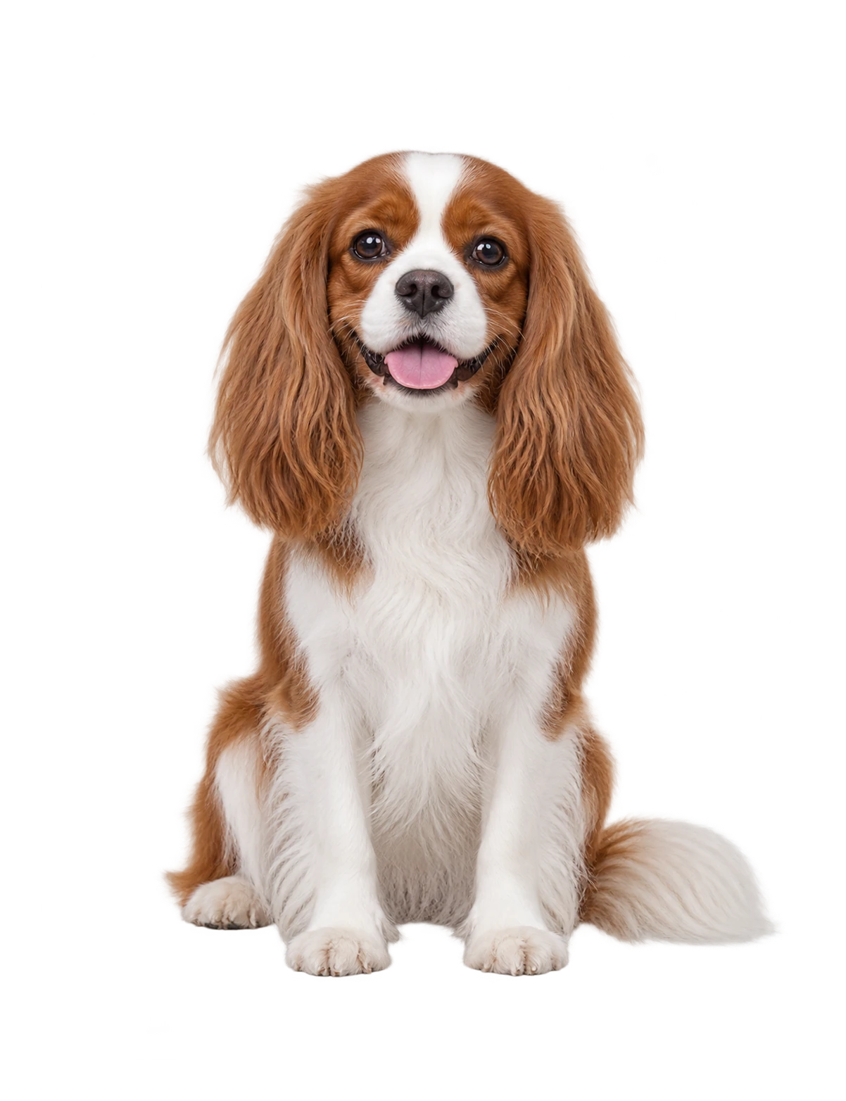 A smiling Cavalier King Charles spaniel sitting up