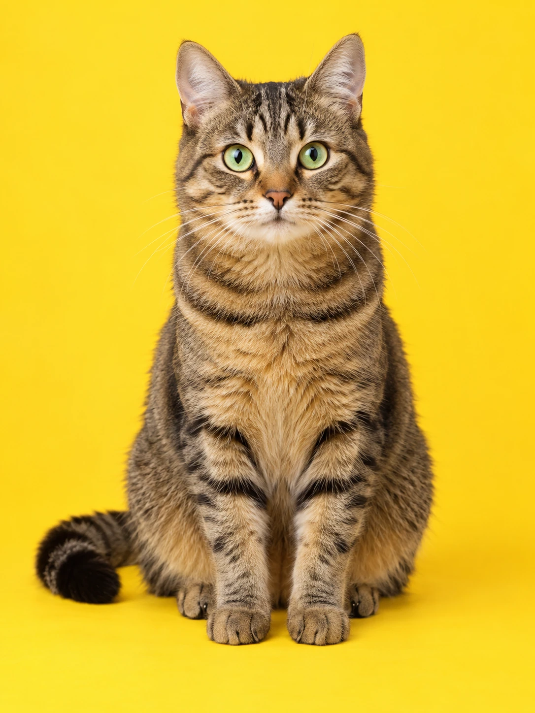 A tabby cat sitting tall against a bright yellow background